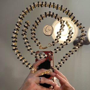 *RARE* vintage necklace and 2 bracelet set with onyx beads, faux diamonds, gold